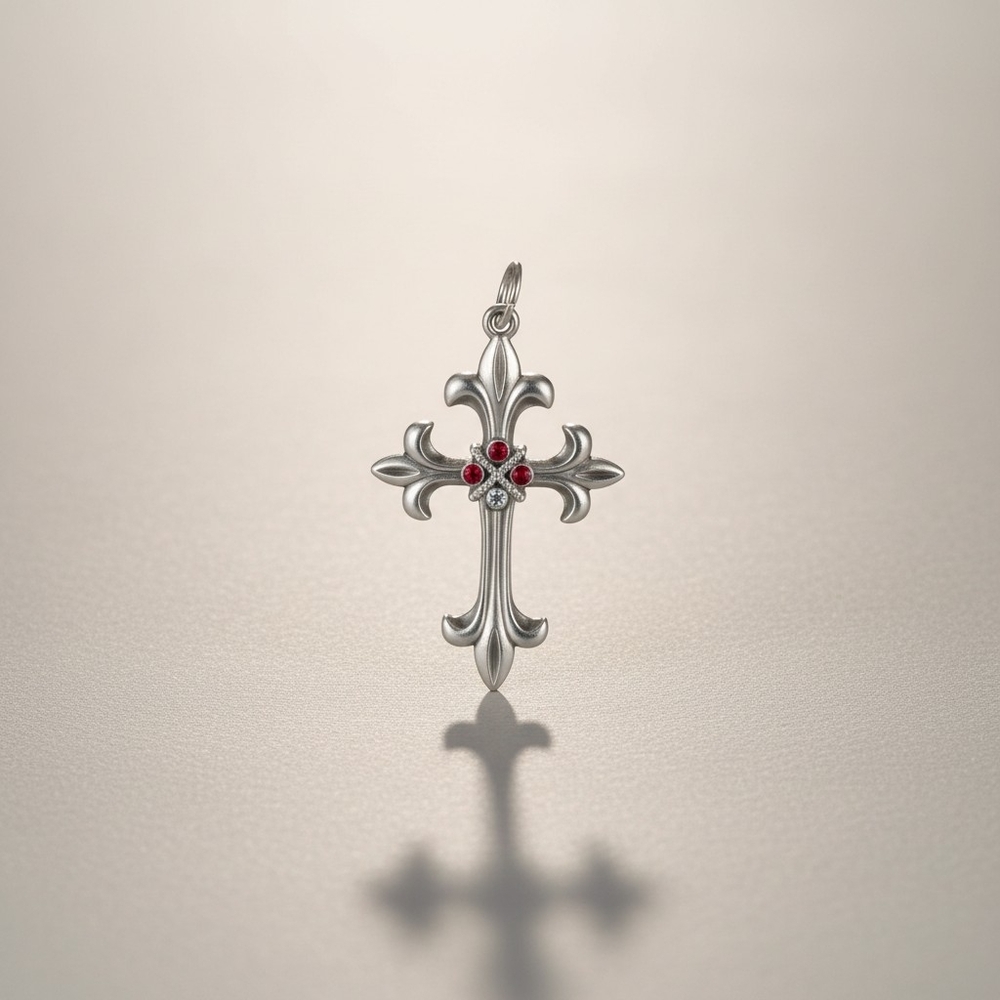 Silver toned Fleur de Lis Cross Pendant with Red Accents